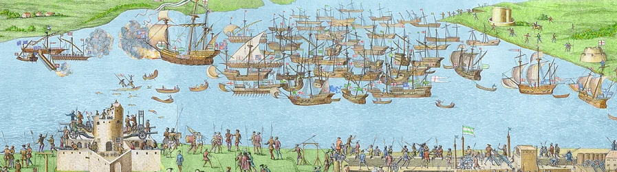 Le campement des forces anglaises près de Portsmouth pendant la bataille du Solent